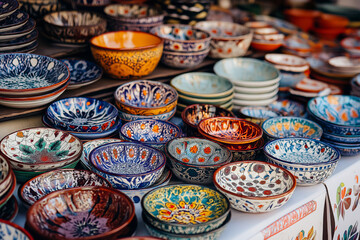Fototapeta premium A vibrant display of hand-painted ceramic plates and bowls in a market stall, showcasing a variety of colorful patterns.