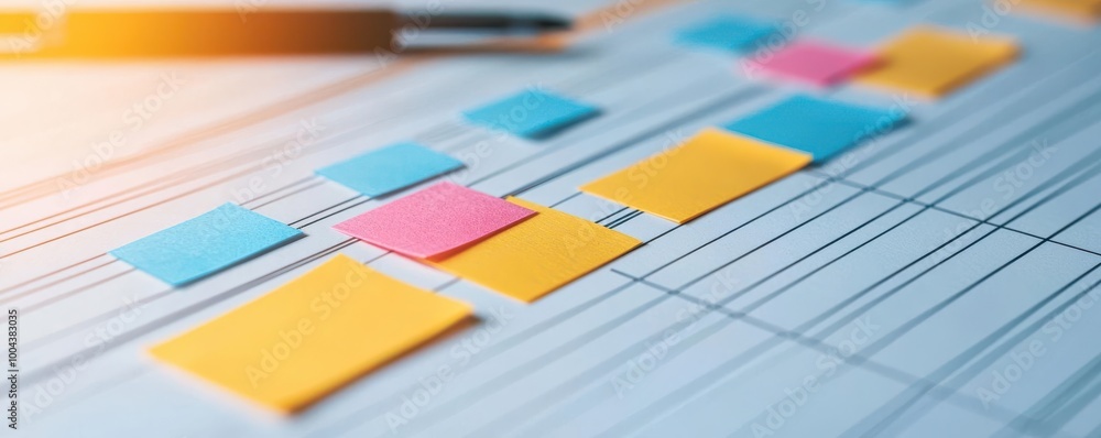 Poster a close-up view of colorful sticky notes arranged on a document, symbolizing organization, planning,