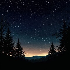 Silhouetted Pine Trees against a Starry Night Sky with a Distant Horizon