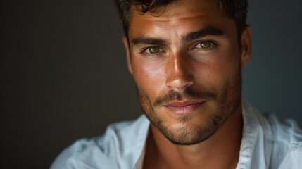 Obraz premium headshot of a muscular and handsome Italian man with short hair, clean shaven, brown eyes, wearing a white linen shirt