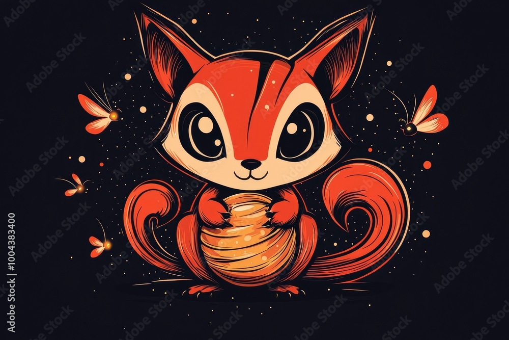 Wall mural Cute Squirrel Holding a Golden Sphere in a Starry Night