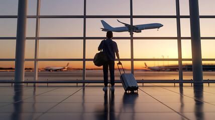Obraz premium silhouette of a person at the airport watching a plane take off. travel by plane, passenger waiting in the airport, the silhouette of a passenger in the airport watching aircraft taking off.