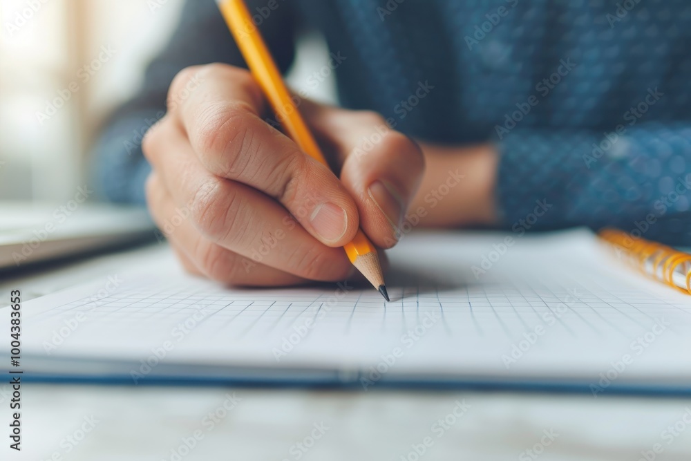 Poster close-up of a hand holding a yellow pencil writing on a graph paper notebook, showing focus on a lea