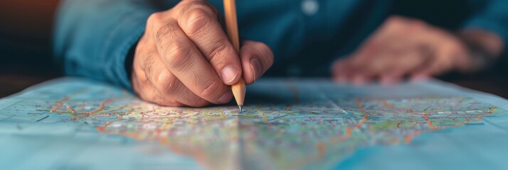 Close-up of a hand using a pencil to mark a specific location on a map, representing travel planning or navigation for a trip.