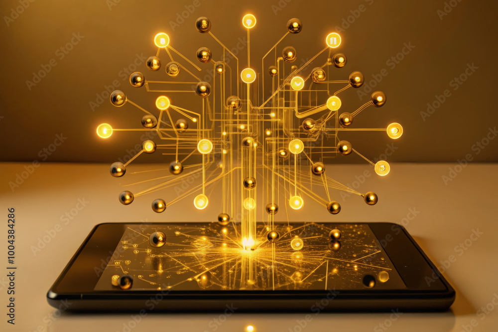 Poster a stunning abstract representation of digital data flowing through a tablet, illuminated by golden c