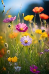Obraz premium colorful wildflowers in a meadow with a soft breeze slightly moving the petals, creating a serene and lively atmosphere