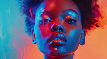 Vibrant Portrait of a Young Woman With Colorful Lighting and Bold Makeup