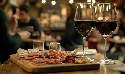 Elegant Dining Experience with Red Wine and Charcuterie Board, AI generated illustration
