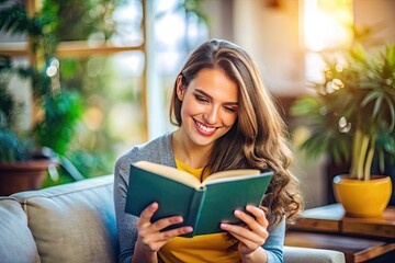 Young Woman with Book in Hand, Smiling and Engaged in Reading, Bright and Welcoming Atmosphere