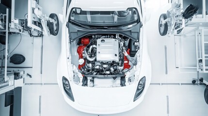 A top-down view of a car's engine in a clean, modern workshop environment.