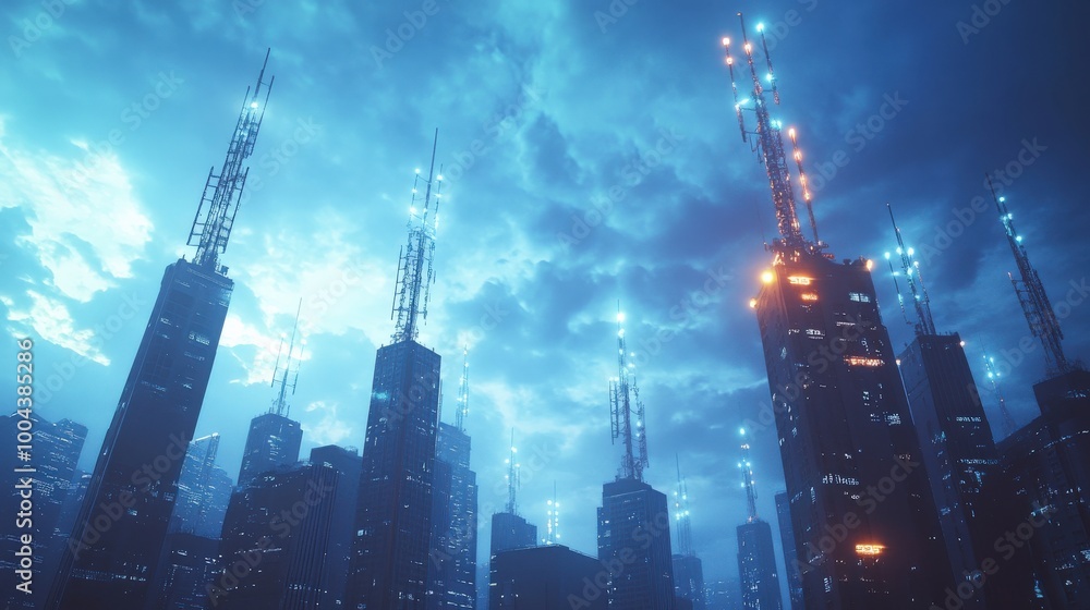 Poster a vibrant city skyline features towering antennas emitting a soft glow against a backdrop of darkeni