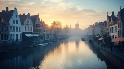 Naklejka premium Mist over Bruges canals at sunrise