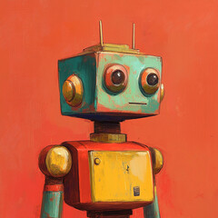 a portrait of a colorful vintage toy robot from the 1980s drawn in the style of the old