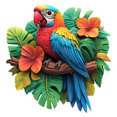 Fototapeta premium Vibrant Parrot with Tropical Foliage and Flowers on Transparent Background