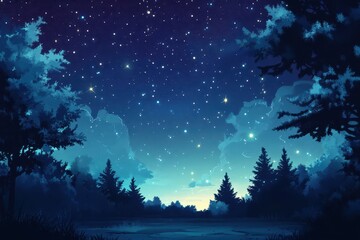 Naklejka premium Silhouetted Trees Against a Starry Night Sky