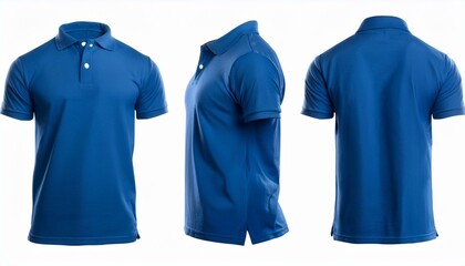 Blue collar polo tee shirt set with front, back, and side views cutout in a white background. A mockup template for graphic design artwork.