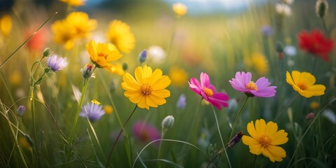 Obraz premium colorful wildflowers in a meadow with a soft breeze slightly moving the petals, creating a serene and lively atmosphere