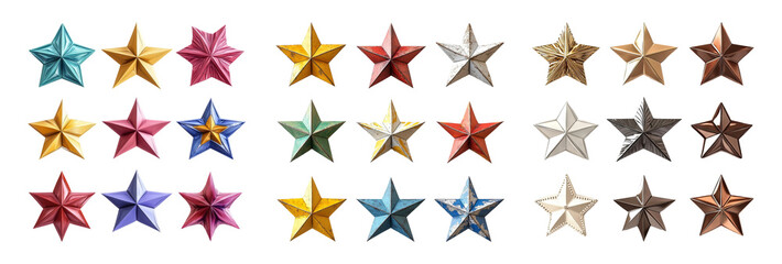 Collection of colorful five pointed stars front view isolated on transparent background