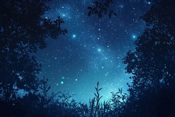 Night Sky with Silhouetted Trees and Grass