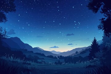 Nighttime Landscape with Silhouetted Mountains and a Starry Sky