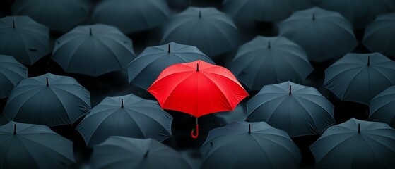 A vibrant red umbrella stands out among a sea of dark umbrellas, symbolizing individuality and hope in a uniform world.