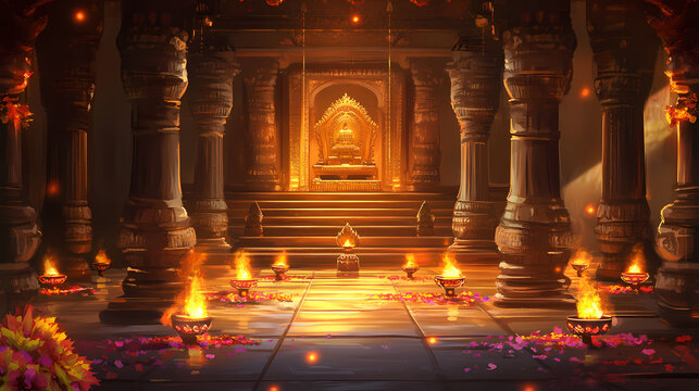 Diwali ancient hindu temple interior background. Hindu Temple. Illustration