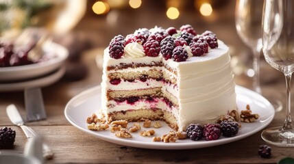 A beautifully presented layered cake, garnished with fresh berries and nuts, placed on a white plate. The cake is set on a rustic wooden table, accompanied by elegant glasses, creating a cozy Cake