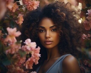 Naklejka premium Beauty portrait of black young woman in blooming garden