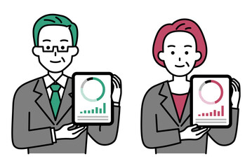 タブレットで資産運用を案内する中年のスーツの男女　セット