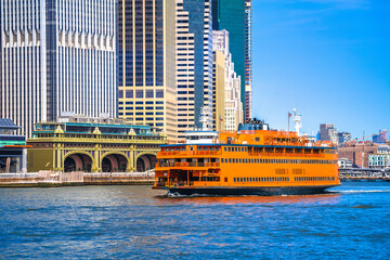 Staten Island ferry in front of Manhattan ferry terminal station, New York city