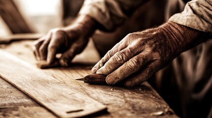 A craftsman’s hands shaping wood on a workbench, showcasing traditional woodworking skills.