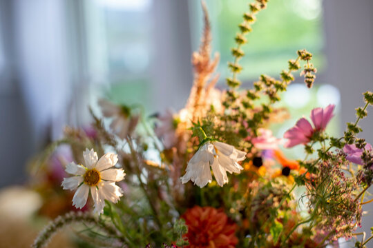 A vibrant bouquet of fresh flowers with a mix of white, pink, and orange blossoms, displayed indoors with soft natural lighting.