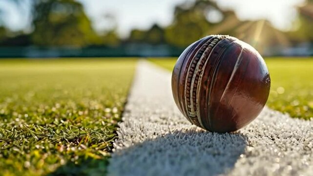 A cricket ball resting on the boundary line of a grassy field during a sunny day.