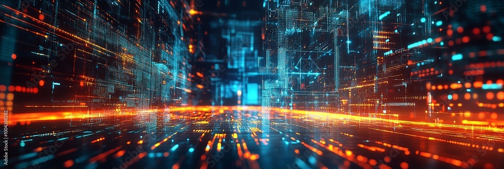 Poster futuristic digital cityscape with glowing data streams and neon lights, representing the interconnec