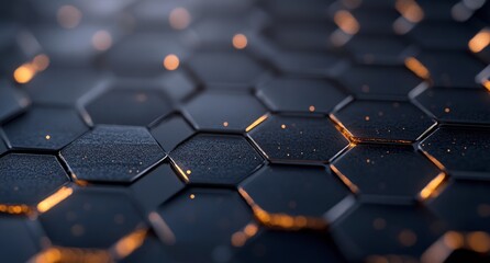 Obraz premium Hexagonal pattern of metallic mesh on a textured surface during golden hour