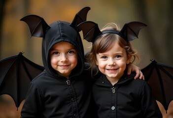 Obraz premium Candid image, photography, natural textures, highly realistic light, editorial, two children dressed as bats for halloween