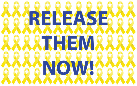 RELEASE THEM NOW! text on Yellow Ribbon awareness background pattern a symbol for the fight to return hostages held by Hamas in Gaza
