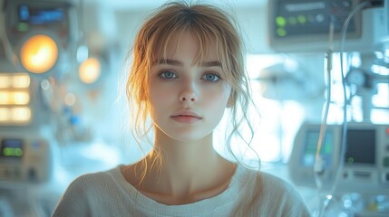 Fototapeta premium young woman in a hospital room expressing her battle with mental health issues surrounded by medical equipment and soft lighting raising awareness about psychiatric disorders