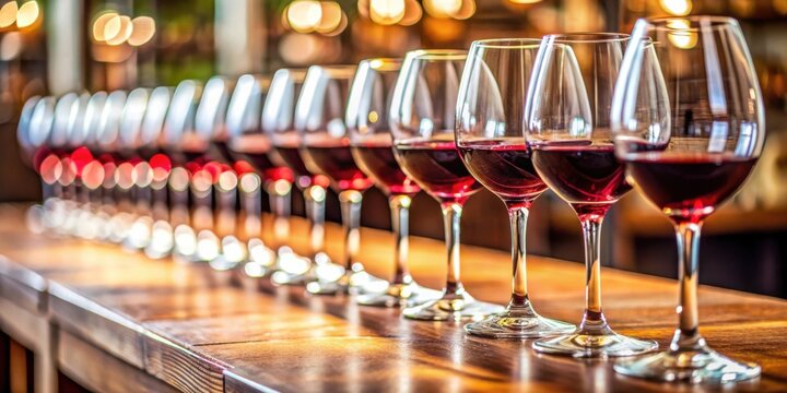Close up of a row of glasses of red wine on table at elegant wine tasting event