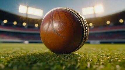 A close-up of a cricket ball resting on a grassy field in a stadium setting. - Powered by Adobe