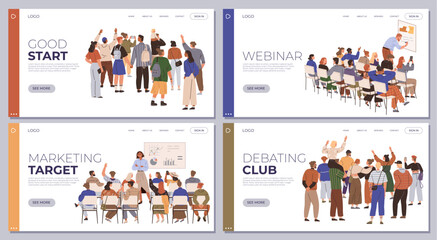 Group of people engaging in various activities like celebrating, attending a webinar, participating in a marketing meeting, and debating. Ideal for business events, education, community gatherings