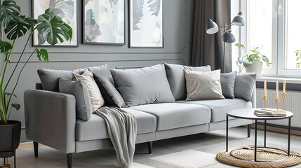 Elegant living room interior with comfortable grey sofa with cushions