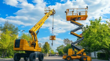 Two yellow construction boom lifts on a sunny day, one extended up high and one lowered down