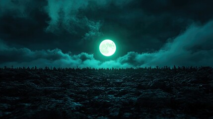 Fototapeta premium A glowing moon illuminates a dark landscape under a stormy sky.