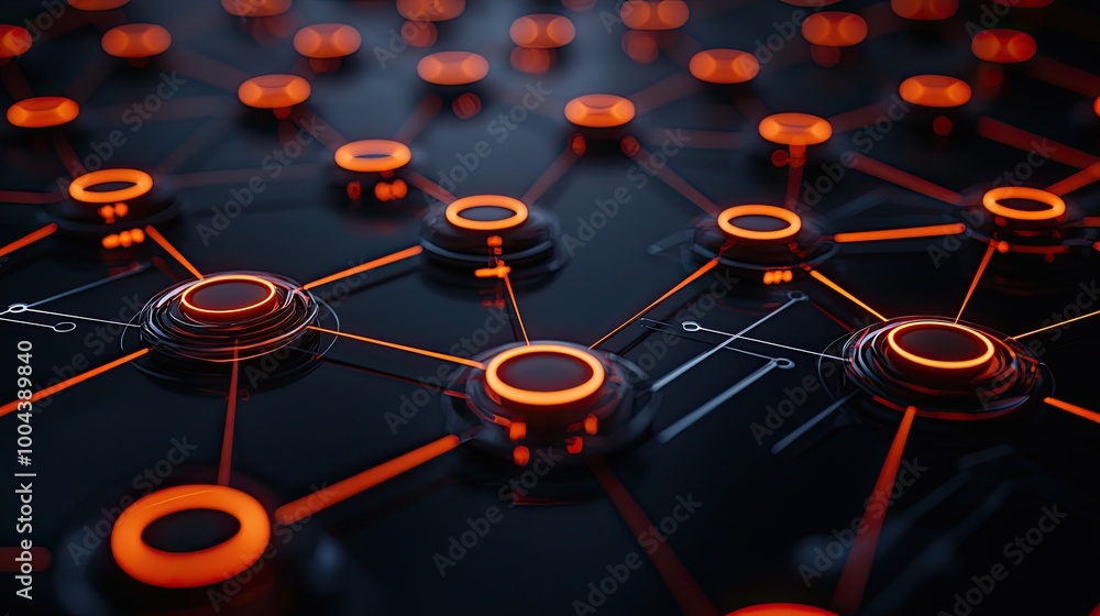Poster abstract network connections with glowing orange nodes on a dark background.