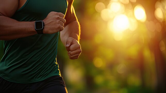 Athlete running outdoors during sunset, showcasing fitness and motion.