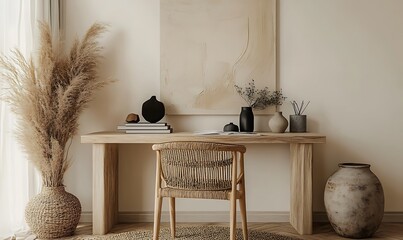  Contemporary table setup with modern art and flowers. A sleek interior scene showcasing a decorative table with fresh flowers and unique, modern art pieces on the wall. 