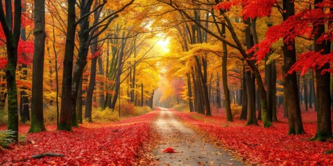 Tranquil autumn forest landscape with red leaves covered road and yellow trees