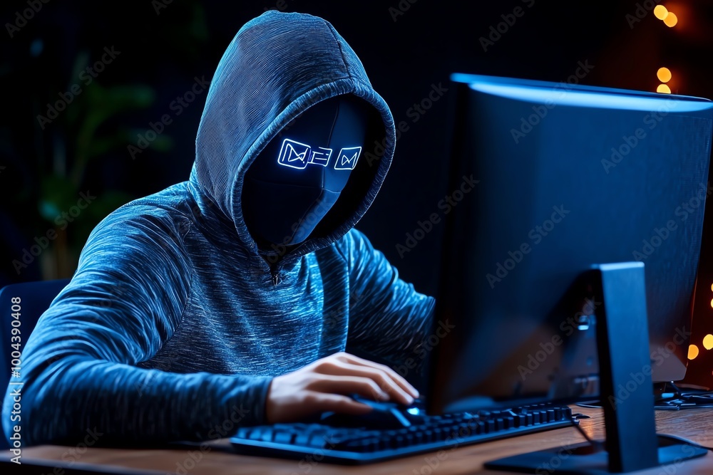 Aufkleber A masked figure using a computer, sending encrypted messages, representing the concept of anonymous communication for digital privacy