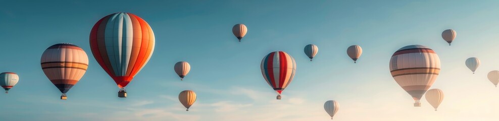 Naklejka premium Colorful Hot Air Balloons Soaring Over a Clear Sky at Dawn